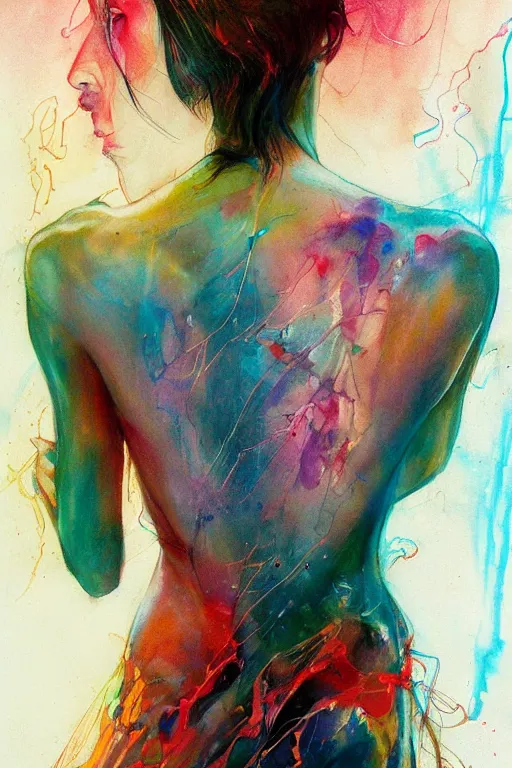 Image similar to gal gadot by agnes cecile enki bilal moebius, intricated details, 3 / 4 back view, full body portrait, extremely luminous bright design, pastel colours, drips, autumn lights