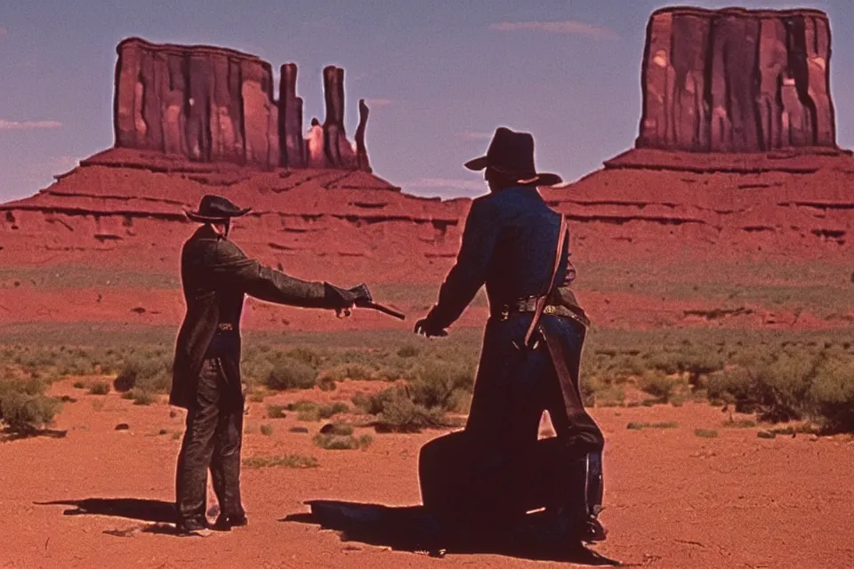 Image similar to filmstil by Sergio Leone showing duel in front of the Monument valley, western, photorealistic, cinematic atmosphere