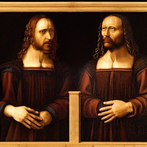 Prompt: realistic academic sketch of two renaissance men holding hands in the style of Leonardo Da Vinci