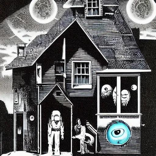 Prompt: a house with big eyes, by richard corben. pulp horror art, comic book art