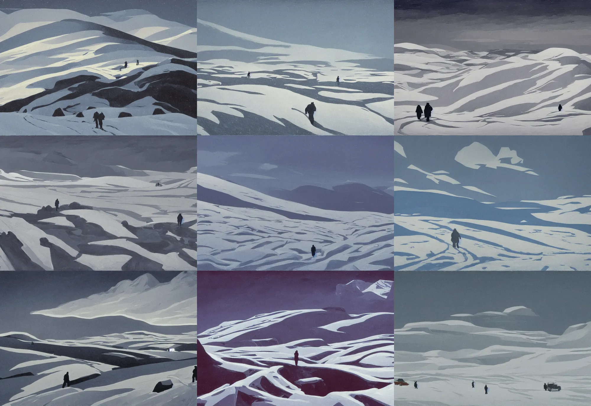 Prompt: travelers have hard track through snowy and iced fields, epic composition, cold, winter landscape, faroe island, cost, clouds, shot from danis villeneuve movie, roger deakins filming, nightfall, soviet artists, painting in the style of Ed Mell, in the style of Alfred Joseph Casson, in the style of Phil Buytendorp