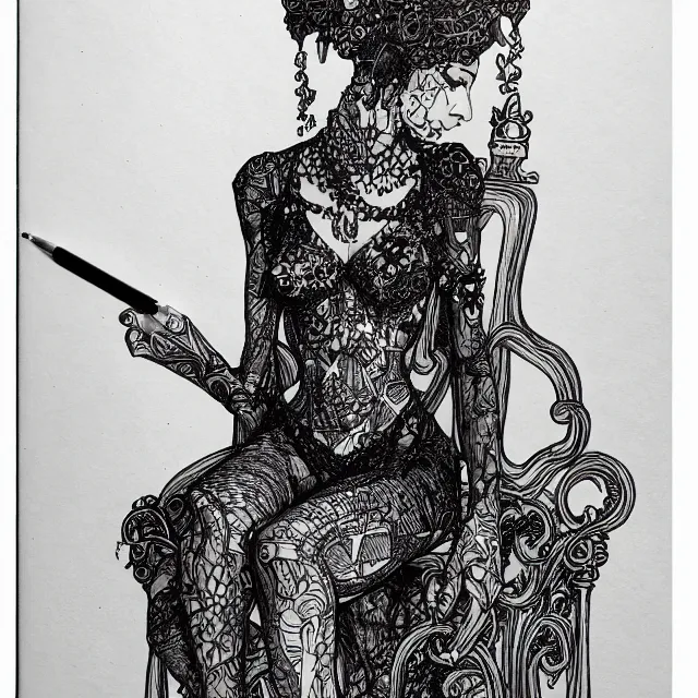 Image similar to salome full figure sitting on throne sketchbook ink drawing by james jean very detailed high contrast