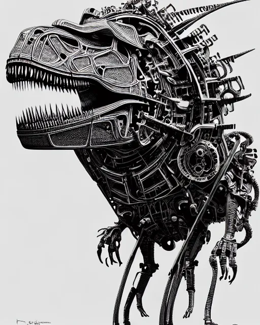 Prompt: intricate mechanical robot trex dinosaur head, transformer, symmetrical illustration, bold line symmetrical illustration by peter gric, hr giger, kim jung gi, joe fenton, scifi, screen print, trending on art station, sharp, high contrast, ultrafine hyper detailed, hd,