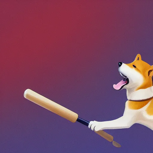 Image similar to shiba inu holding a baseball bat with his two hand trying to hit a spot, cinematic lightning, 4 k, ultra detailed, trending on artstation, masterpiece, digital art.