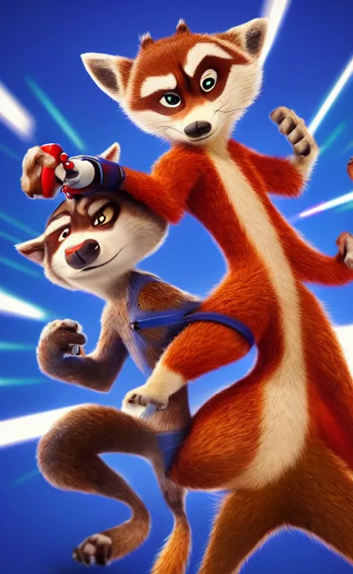 Image similar to “red racoon holding laser gun standing face to face off with blue racoon holding laser gun, boxing style face off, cinematic, dramatic in the style of zootopia”