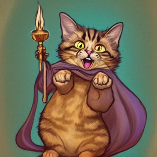 Image similar to a wizard cat is laughing as a small cat, dynamic pose, medium level shot, comedy, fantasy, illustration, mucha style,