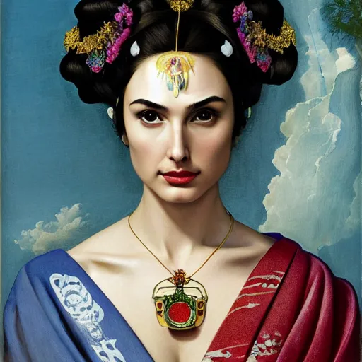 Image similar to Head and shoulders masterpiece portrait oil painting of the beautiful goddess Gal Gadot as Geisha, she is wearing roman clothes and a surreal jewelry, her hair is natural disheveled, she is approaching heaven over the clouds, naturalism, dramatic lighting, high-detailed oil painting by Ilya Repin, Michelangelo da Caravaggio, William Blake, Alex Grey and Beksinski, trending on Artsation, hystorical painting, naturalism, masterpiece, full body shot, 4k, 8k,