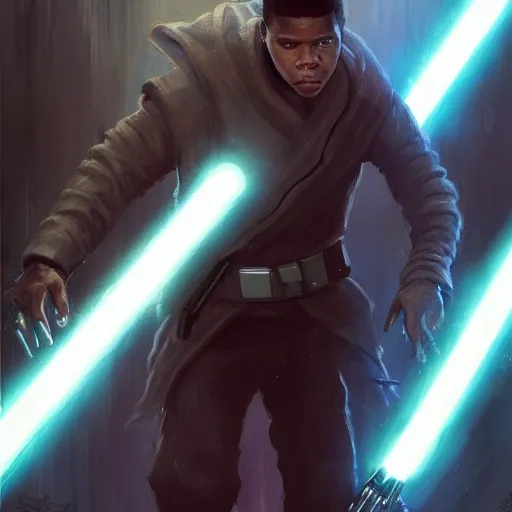 Prompt: scifi art by greg rutkowski, ben skywalker and a jedi that looks like john boyega sparring with lightsabers at a jedi temple, star wars expanded universe, he is about 3 0 years old, highly detailed portrait, digital painting, artstation, concept art, smooth, sharp foccus ilustration, artstation hq