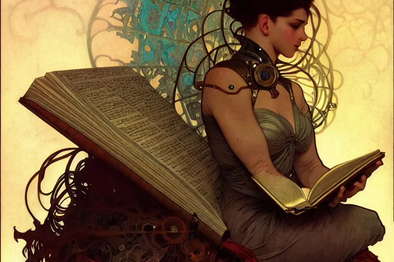 Prompt: a cyborg reading from an old book with a leather cover, fantasy, sci-fi, intricate, elegant, dramatic lighting, highly detailed, lifelike, photorealistic, digital painting, artstation, concept art, smooth, sharp focus, illustration, art by Alphonse Mucha