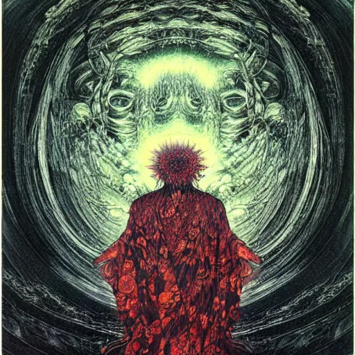 Image similar to simple concept art portrait of, ‘ the old god ’. an award winning yoshitaka amano digital art poster, by james gurney and gerhard richter. art by takato yamamoto. masterpiece, deep colours.