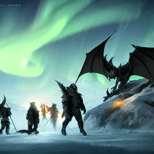 Prompt: A group of heroes fighting a massive white terrifying dragon in a dark snowy landscape at night with the northern lights, 8k fantasy concept art, intricate detail, trending on artstation