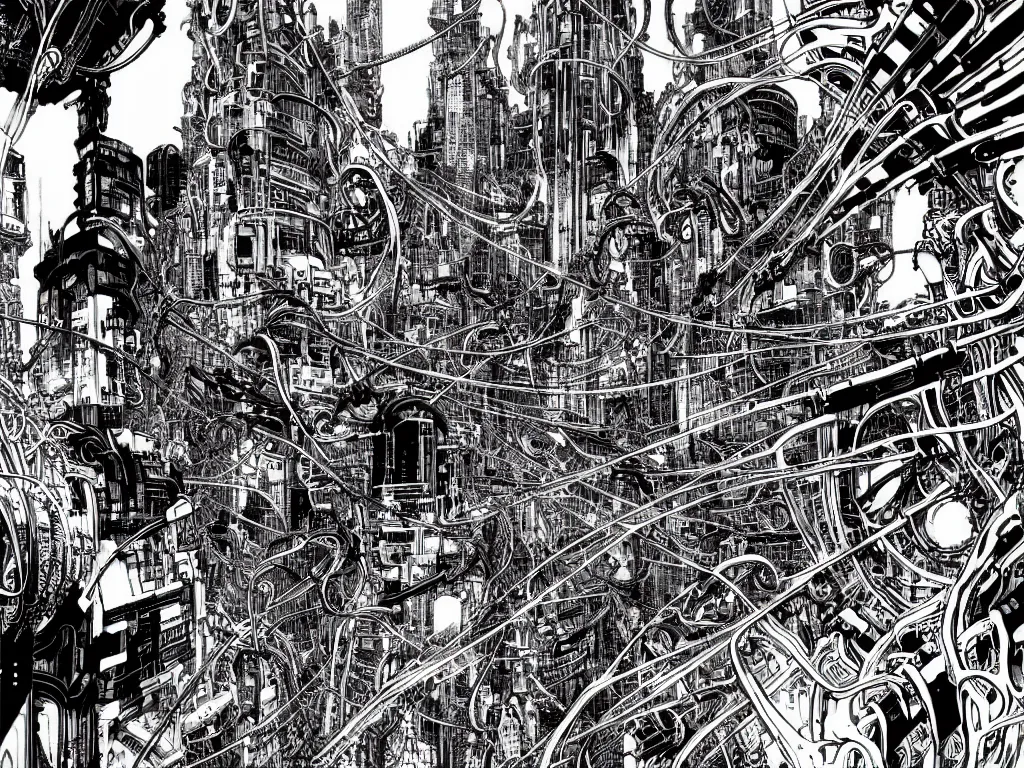 Image similar to cyborg monsters with tentacles and wires in detailed huge cybernetic mega city in space, black and white, by nihei tsutomu