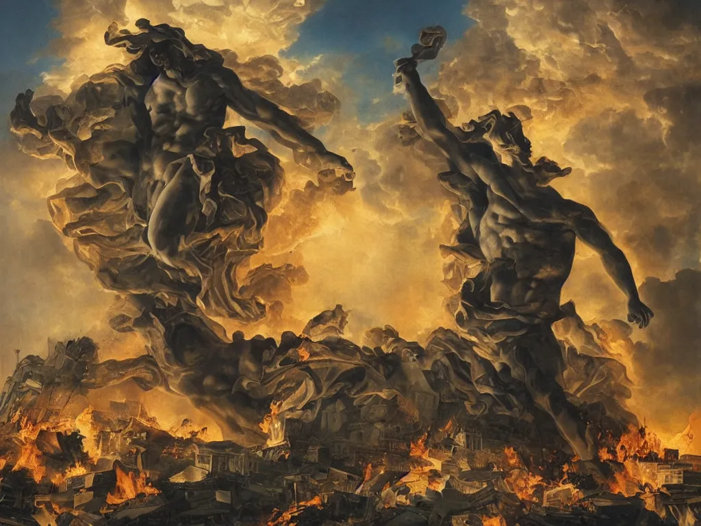 Image similar to giant greek statue attacking a city, city destruction ruins, debris flying around, swirls of fire