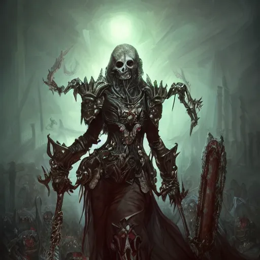 Image similar to Necromancer leading an army of the dead, maximalist, high detail, 8k, ornate, dark fantasy, realistic, masterpiece, Trending on art station, complex, WLOP