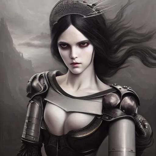 Prompt: By Tom Bagshaw, ultra realist soft painting of an attractive slim curvy cyberpunk anime female fully body armored, with thin lustrous long hair floating, photorealistic eyes render, looking at camera, curiosities carnival, symmetry accurate features, very intricate details, focus, dark fantasy background black and white