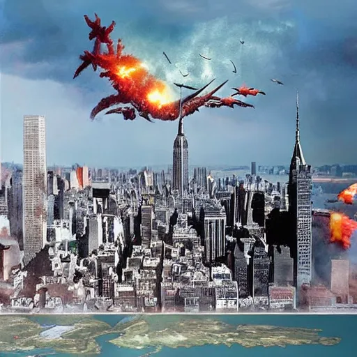 Image similar to kim jongzilla destroying manhattan new york city, kim jong - un, godzilla, destruction, hyper realistic, helicopter photo