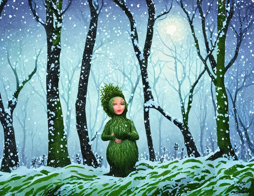 Image similar to lush chia pet frolicking in snowy woods, stormy skies. russian fairytale art, gouache, dynamic composition, backlighting