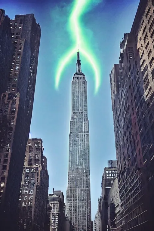 Image similar to giant alien spaceship in the sky of New York, a photo taken on iPhone, photo taken from the ground, social media