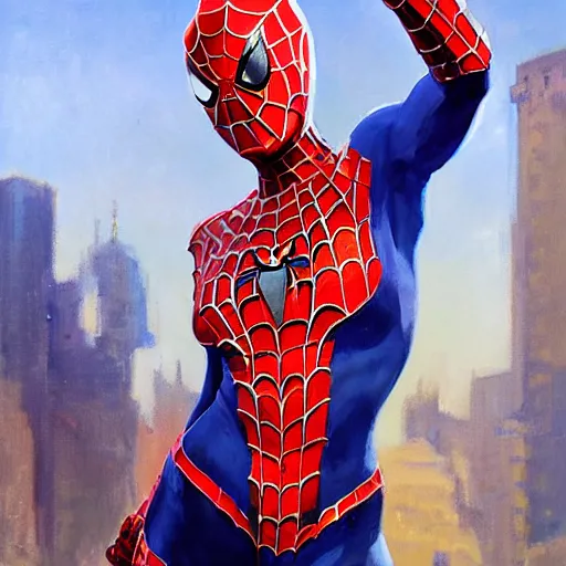 Image similar to greg manchess portrait painting of partially armored female spiderman as a genshin impact character, medium shot, asymmetrical, profile picture, organic painting, sunny day, matte painting, bold shapes, hard edges, street art, trending on artstation, by huang guangjian, gil elvgren, ruan jia, greg rutkowski, gaston bussiere