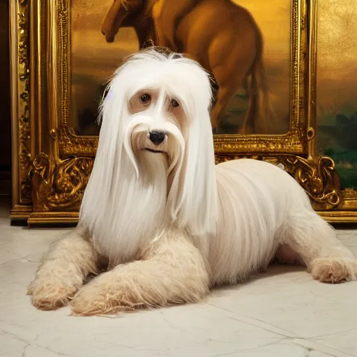 Prompt: a cream - colored havanese dog lying on top of a large plastic sequined horse, a renaissance painting in the background, photo by david lachapelle, behance, transgressive art, freakshow, official album art