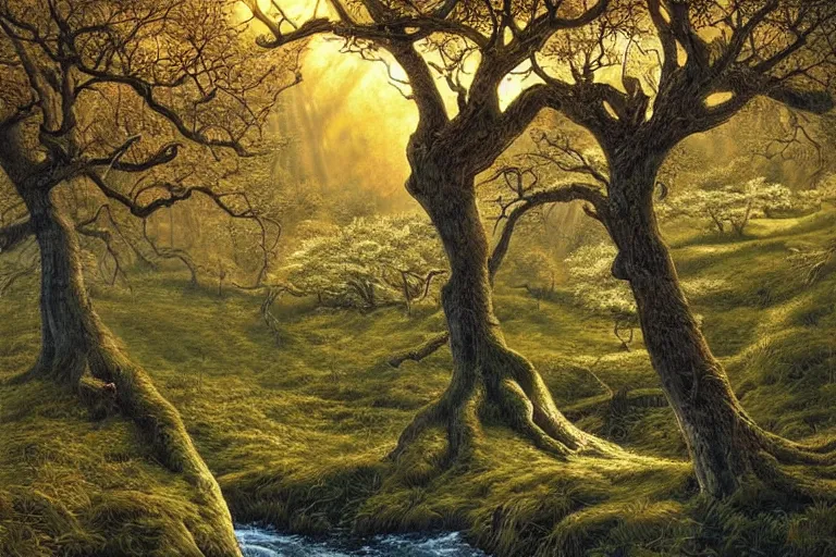 Image similar to masterpiece painting of oak trees on a hillside overlooking a creek, dramatic lighting, by andrew ferez