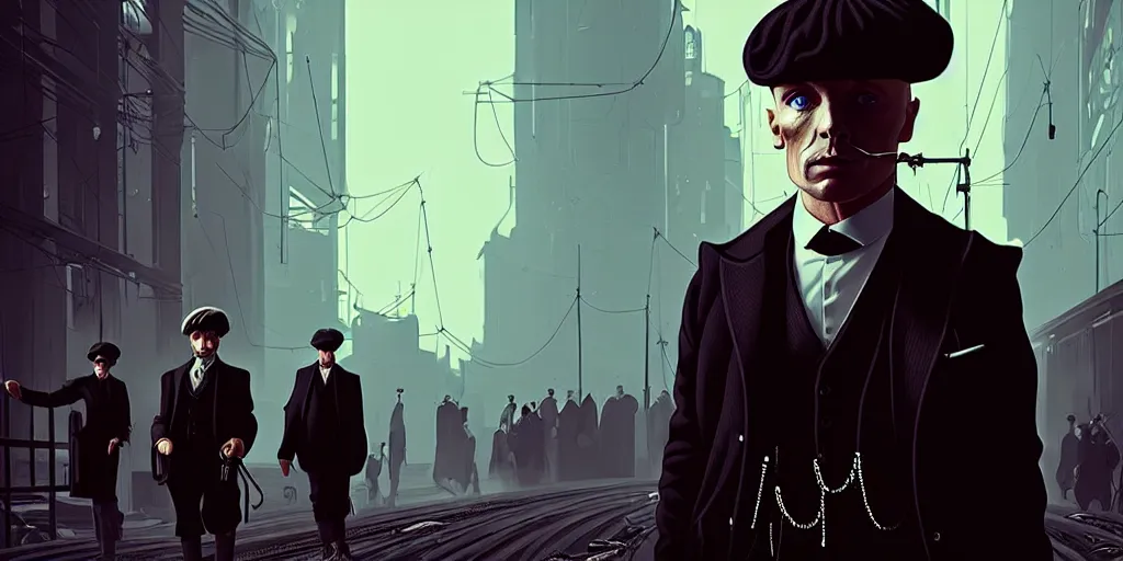 Prompt: Peaky Blinders in a cyberpunk setting, futuristic trending on artstation