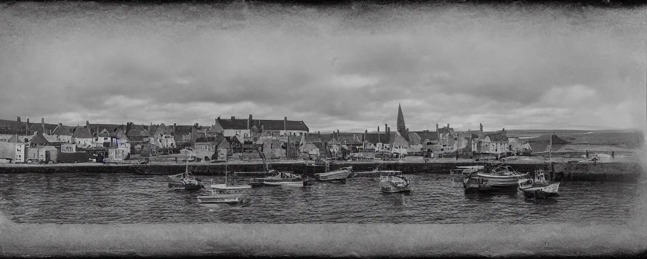 Image similar to a tintype photograph of the harbour at Stromness orkney, Cinematic view