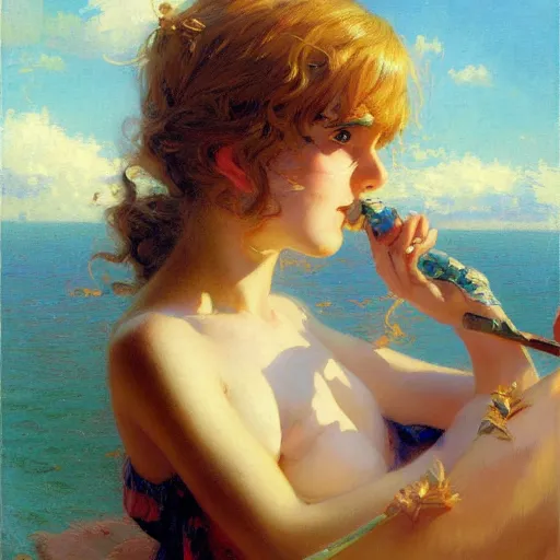 Prompt: detailed summer portrait of pouting anime girl, ecstacy, painting by gaston bussiere, craig mullins, j. c. leyendecker