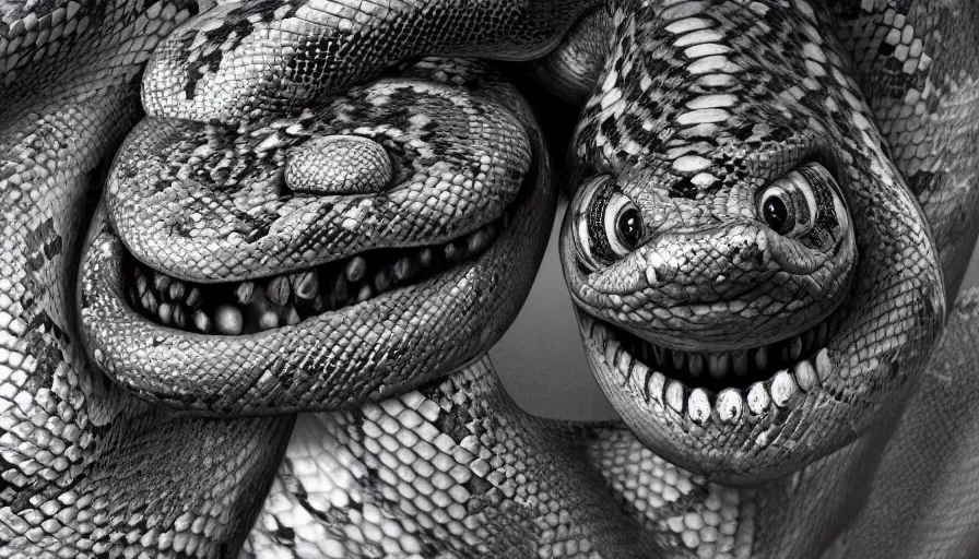 Prompt: hybrid of a happy snake and sad clown, diamonds, rule of thirds, beautiful detailed face, ultra realistic, concept art, intricate details, serious, highly detailed, photorealistic, octane render, 8 k, unreal engine.