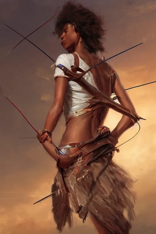 Prompt: artstation concept of a beautiful girl holding a bow and arrow, brown skin, sweaty skin, symmetrical face, casual white garment, white desert background, shiny colorful, hyperdetailed, artstation trending, world renowned artists, worth1000.com, cgsociety, by greg rutkowski, by Gustave Doré, Deviantart