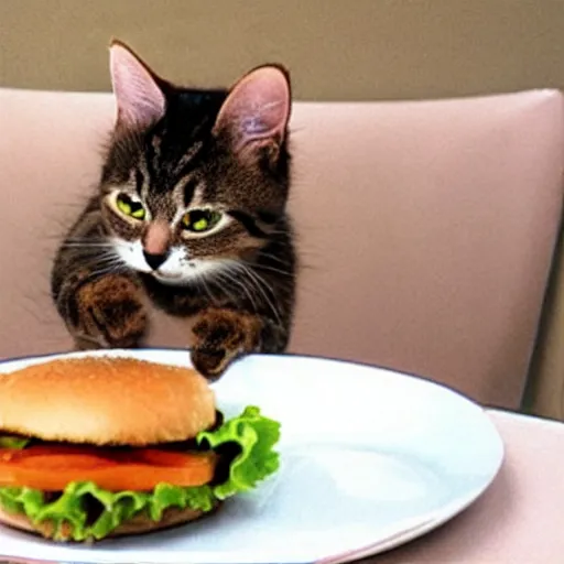 Image similar to realistic photo of a cute cat eating a burger