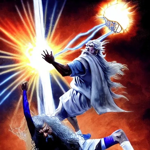 Image similar to gandalf posterizing an orc in the paint with an overpowering dunk, explosive energy, magical, camera flash