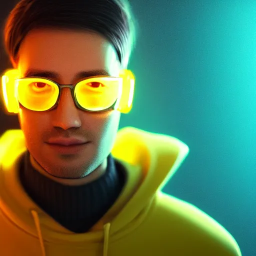 Image similar to close up portrait of young handsome it engineer in a yellow sweatshirt. cyberpunk, volumetric lighting, 4 k, hd, artstation, deviantart