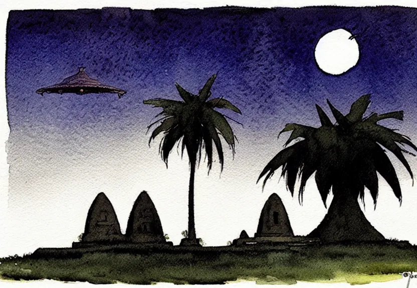 Image similar to a simple watercolor fantasy concept art of a dark grey boxy ufo next to a palm tree at night in machu pichu. by studio ghibli, rebecca guay, michael kaluta, charles vess