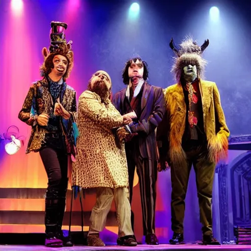 Prompt: the mighty boosh cast on stage featuring vince, howard, bollo and naboo