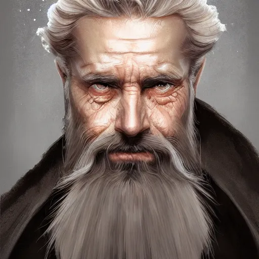 Prompt: a detailed matte head - on portrait painting of a sly older sorcerer, with a small beard, salt and pepper hair, portrait by charlie bowater, lise deharme, wlop, tending on arstation, dungeons and dragon, dnd, pathfinder, fanart, oil on canvas