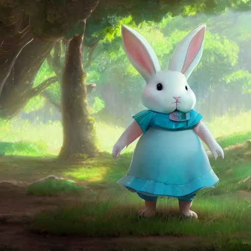 Image similar to concept art painting of a chubby white rabbit wearing a turquoise dress, in the deep forest, realistic, detailed, cel shaded, in the style of makoto shinkai and greg rutkowski and james gurney