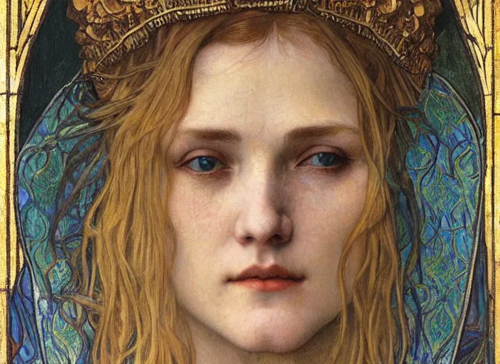 Image similar to detailed realistic beautiful young medieval queen face portrait by jean delville, alphonse mucha, vincent van gogh, and marco mazzoni, art nouveau, symbolist, visionary, gothic, pre - raphaelite