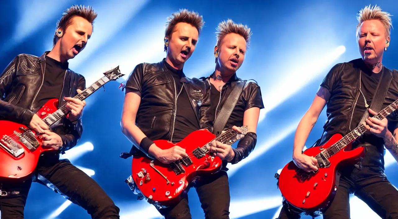 Image similar to matt bellamy and james hetfield playing on stage together, 2 0 2 2 live music video, shot on sony a 7