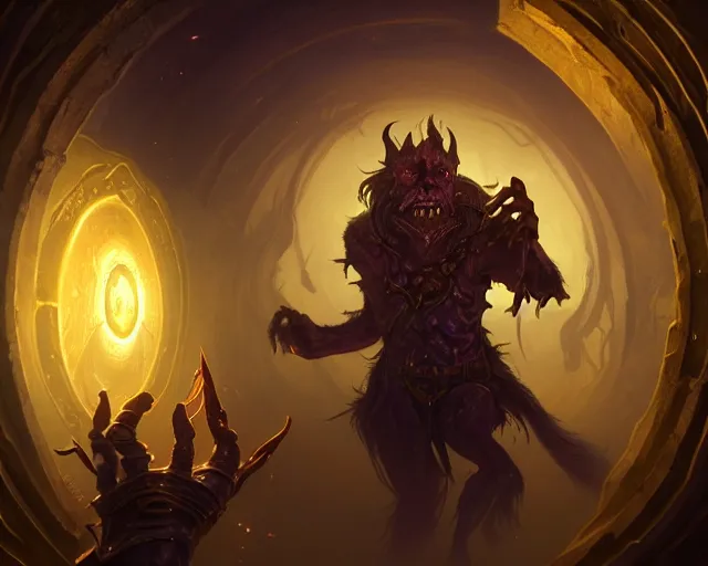 Image similar to a 4 k cinematic screenshot still portrait of a goblin in a dark liminal space room surrounded by gold, deep focus, d & d, fantasy, intricate, elegant, highly detailed, digital painting, art station, concept art, matte, sharp focus, illustration, dark fantasy style art, hearthstone, art by artgerm and greg rutkowski and alphonse mucha