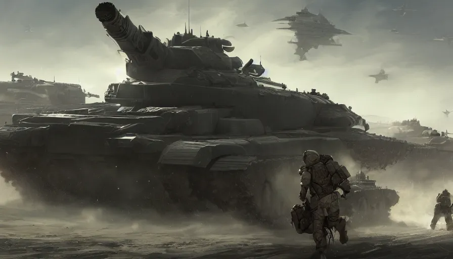 Image similar to troops fleeing of humongous tanks on the field, hyperdetailed, artstation, cgsociety, 8 k