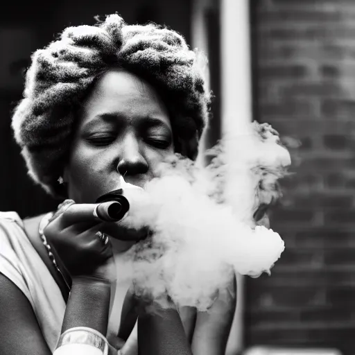 Image similar to a photography of a black woman blowing smoke. black and white, 8 k