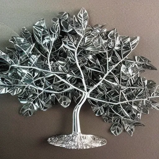 Image similar to “ metal leaves on a plastic tree, highly reflective, realistic, detailed ”