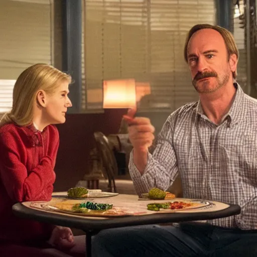 Prompt: Woody from Toy Story in Better Call Saul having dinner with Kim Wexler