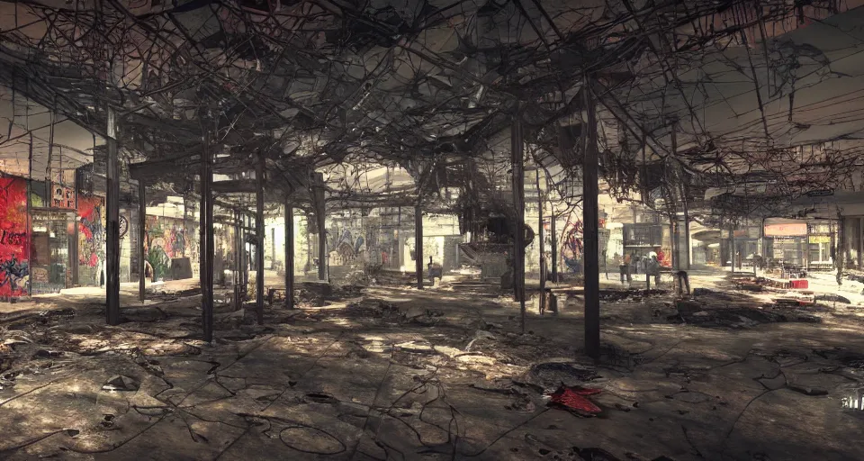 Image similar to photo realistic!! a rundown mall interior with hanging wires and graffiti, very detailed, dramatic lighting, various rubble is on the ground, slightly smokey, artstation, unreal engine