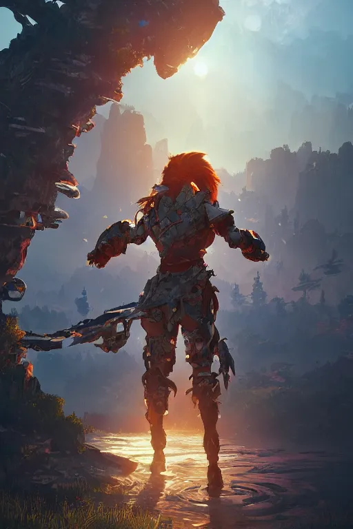 Image similar to combination suit armor aloy horizon forbidden west horizon zero dawn radiating a glowing aura global illumination ray tracing hdr fanart arstation by ian pesty and alena aenami artworks in 4 k tribal robot ninja mask helmet backpack