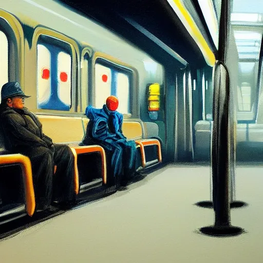 Prompt: a beautiful painting of a man sitting in a subway seat, rutkowski, concept art, cinematic lighting