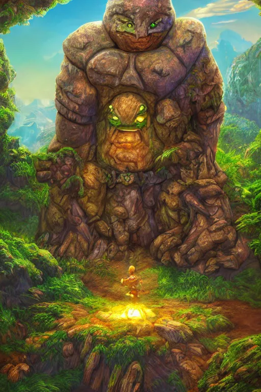 Image similar to zelda fantasy art giant golem elemental wood rock greeble gemstone enchanted forest troll, global illumination ray tracing hdr fanart arstation by sung choi and eric pfeiffer and gabriel garza and casper konefal bastion forged hardmesh lisa frank zbrush central radiating a glowing aura global illumination ray tracing hdr