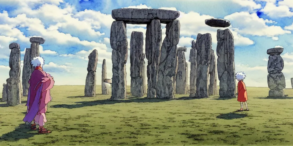 Prompt: a hyperrealist studio ghibli watercolor fantasy concept art of a giant chinese god and a small grey alien in stonehenge in the early morning. a giant gold ufo is floating in the air. by rebecca guay, michael kaluta, charles vess