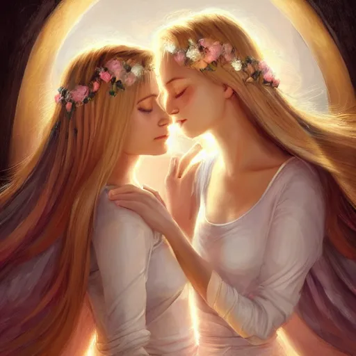 Prompt: a painting two young women in their twenties hugging, they are both beautiful with long blond hair, one of the girls has a halo above her head and angel wings, highly detailed, digital art, andreas rocha